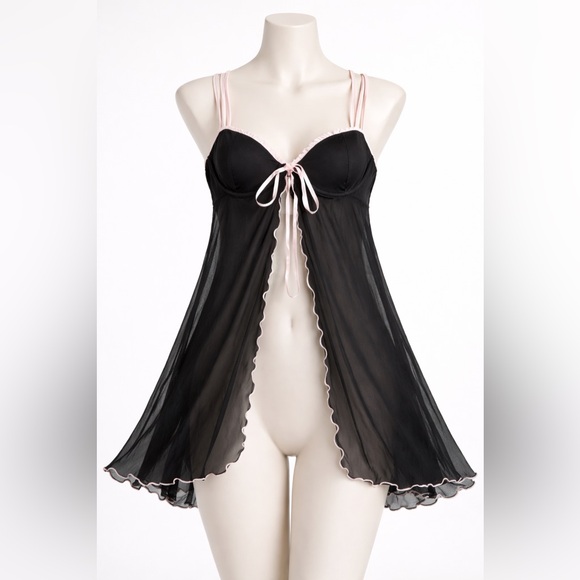 Victoria's Secret Other - VTG Victoria’s Secret Black Mesh Sheer Babydoll Pink Trim Open FrontSize M
